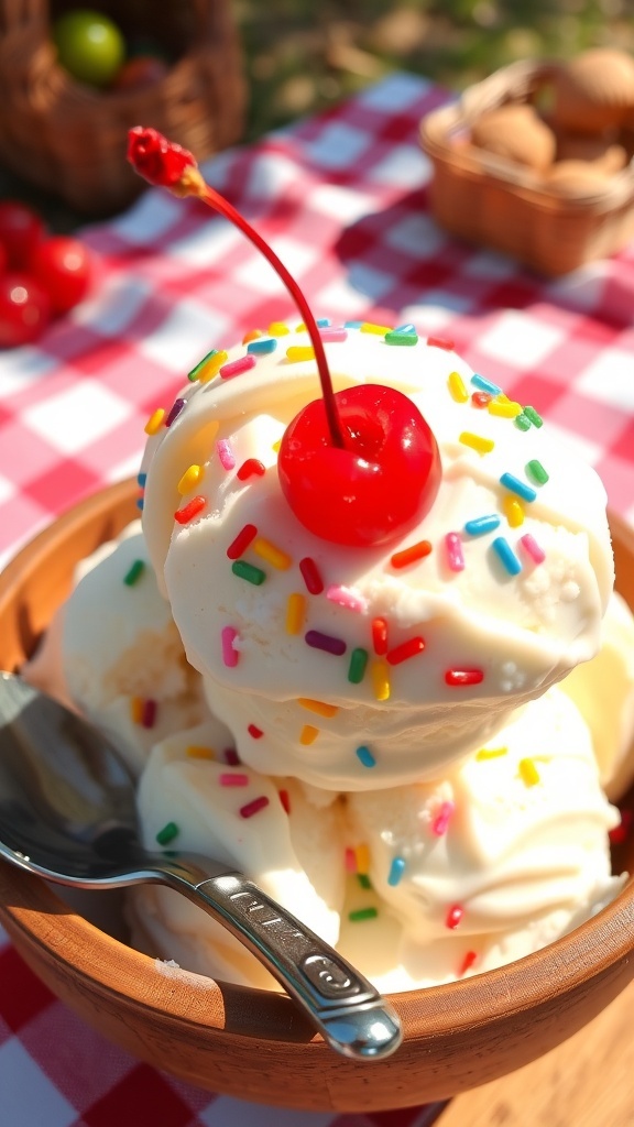 A bowl of vanilla ice cream topped with sprinkles and a cherry, set outdoors on a picnic blanket.